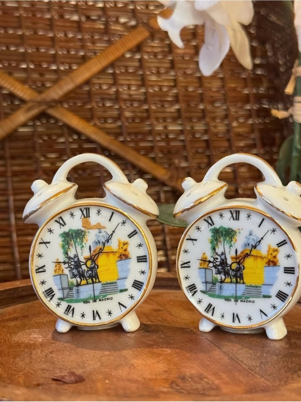 Vintage White and Gold Twin Ceramic Clock Wall Plaques